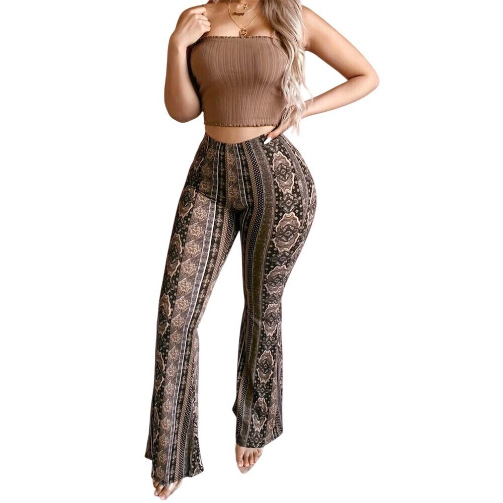 Y2k Women’s Brown Boho High Waist Wide Leg Flare Pants XL Hippie Festive Gypsy